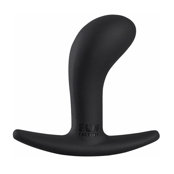 Black curved anal plug with a T-shaped base and "Fun Factory" logo.