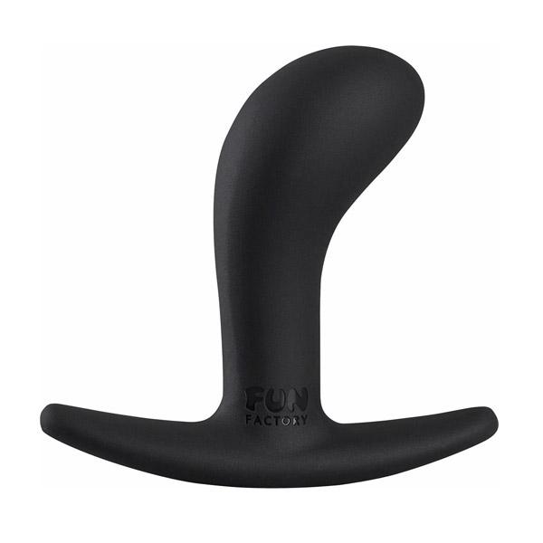 Black curved anal plug with a T-shaped base and "FUN FACTORY" embossed on it.