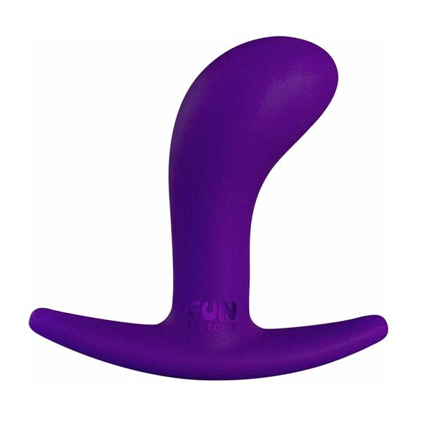 Purple curved anal plug with a wide base and "FUN FACTORY" logo.