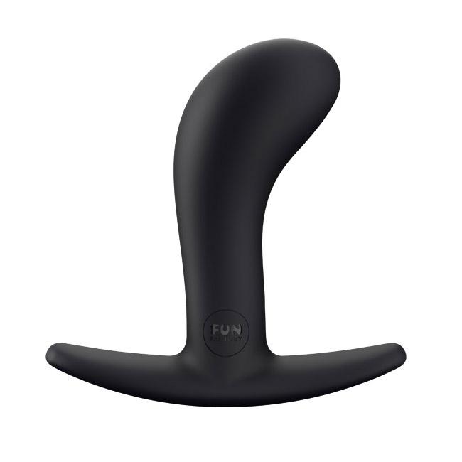 Black curved anal plug with a flared base and a logo.