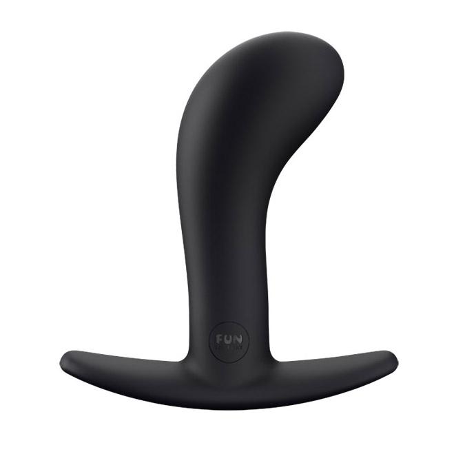 Black curved anal plug with a wide base.