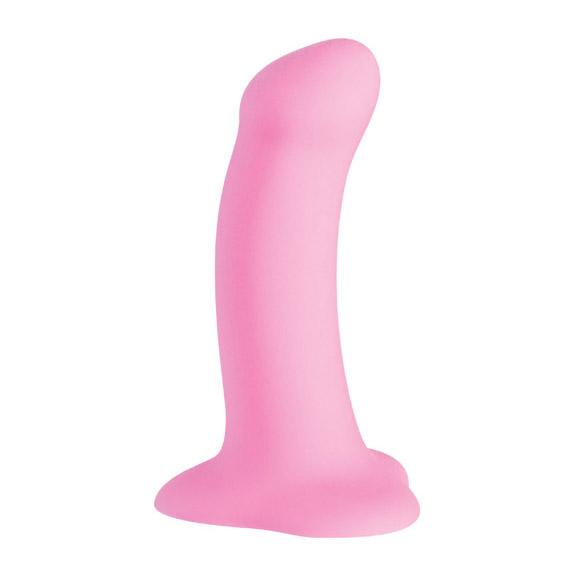 Pink curved silicone suction dildo with rounded tip and thin base.
