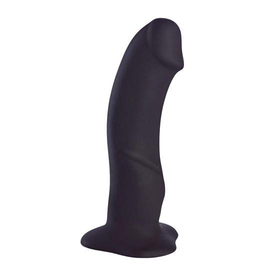 Black realistic G-spot dildo with pronounced head and suction base, standing upright.