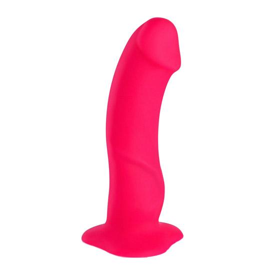 Pink realistic G-spot dildo with pronounced head and suction base.