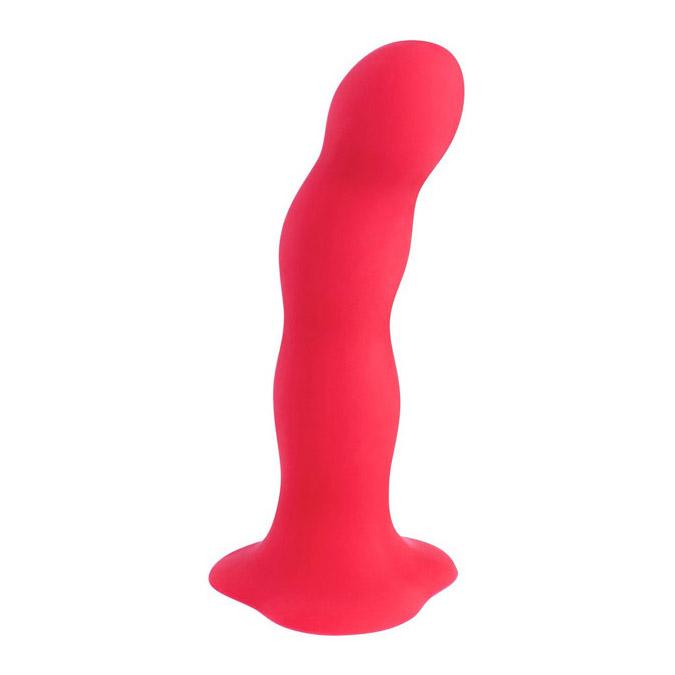 A red weighted internal motion dildo with a suction base.