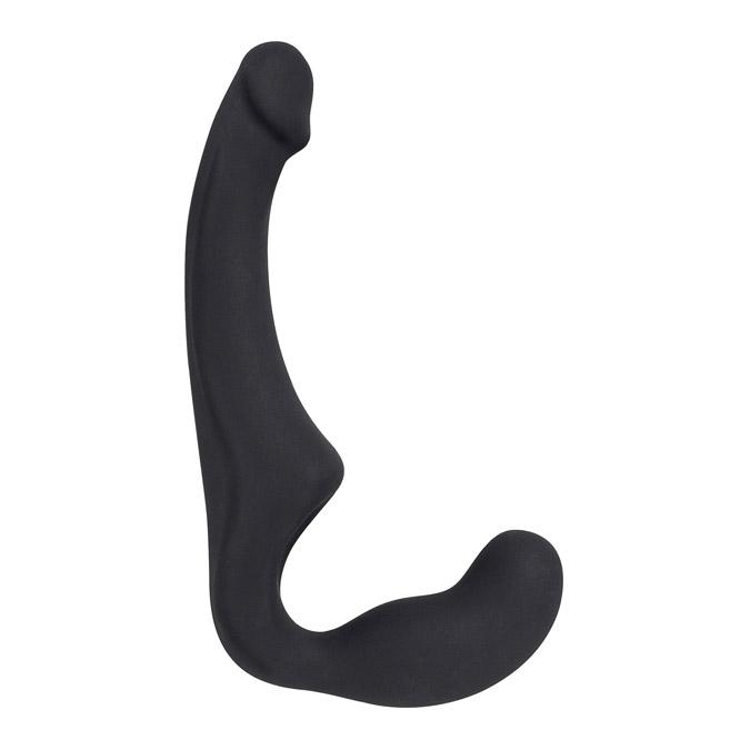 Black wearable silicone double dildo with G-spot curves.