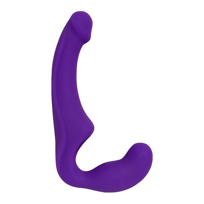 Purple wearable silicone double dildo with G-spot curves.