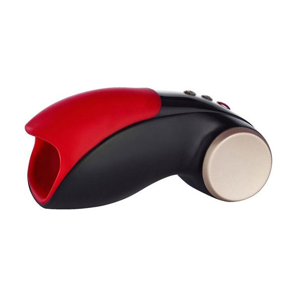 Black and red vibrating penis masturbator with a gold end cap.