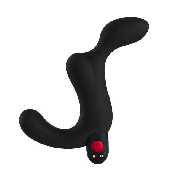 Black vibrating prostate plug with a red button and two small gold dots.