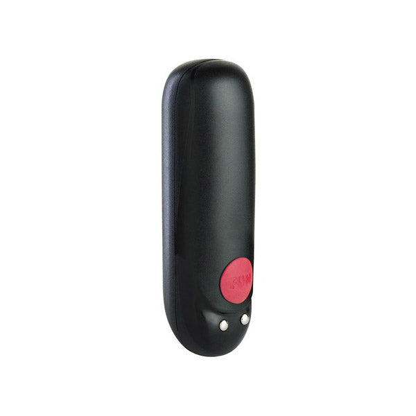Black rechargeable massage bullet vibrator with a red button and two small silver dots.