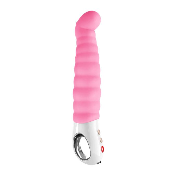 Pink curved G-spot vibrator with rippled flexible shaft and white loop handle.