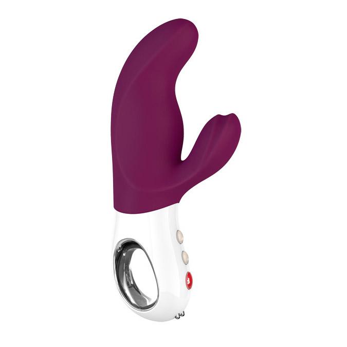 A purple and white dual motor rabbit vibrator with a G-spot stimulator and clitoral stimulator.