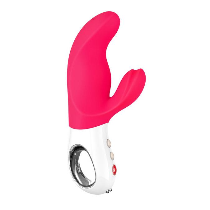Pink and white dual motor rabbit vibrator with a G-spot stimulator and clitoral stimulator.