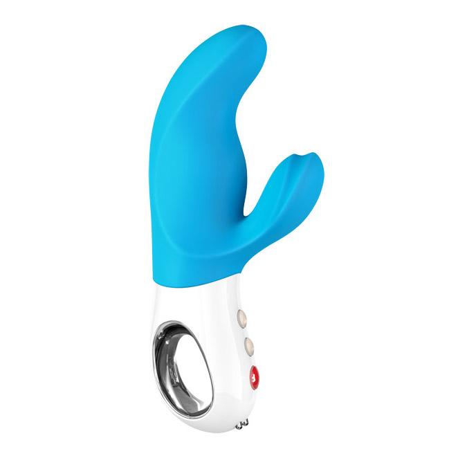 Blue and white dual motor rabbit vibrator with a G-spot stimulator and clitoral stimulator.