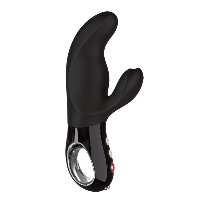 Black dual motor rabbit vibrator with a G-spot stimulator and clitoral stimulator.