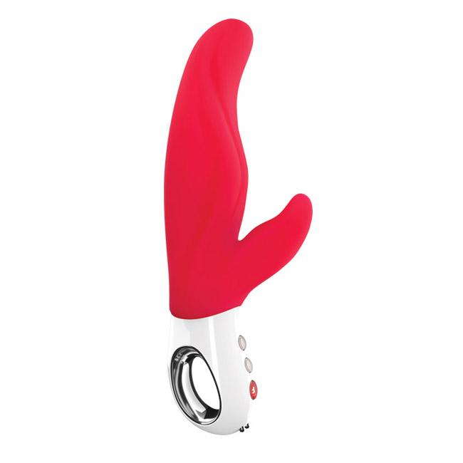Red and white dual motor silicone vibrator with a loop handle.