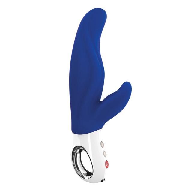 Blue and white dual motor silicone vibrator with a loop handle.