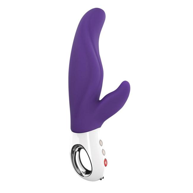 Purple silicone vibrator with a white base and silver ring.
