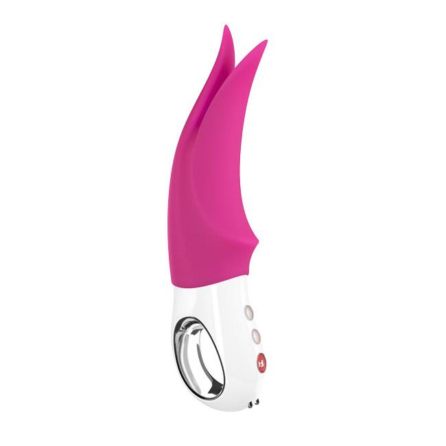 Pink and white clitoral vibrator with a loop handle and tapping tips.