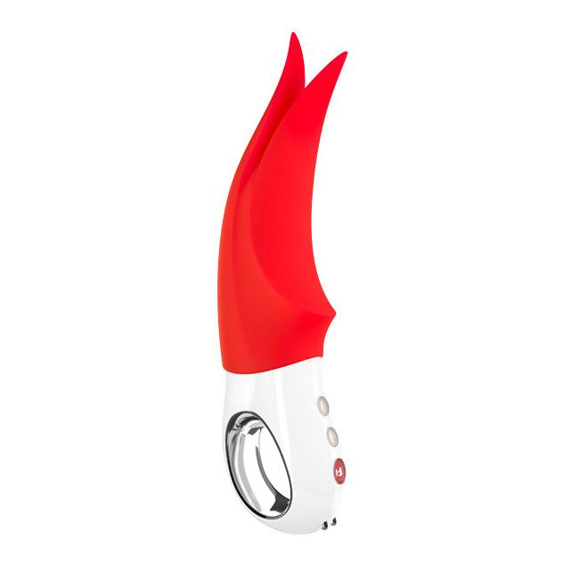 Red and white clitoral vibrator with a loop handle and tapping tips.