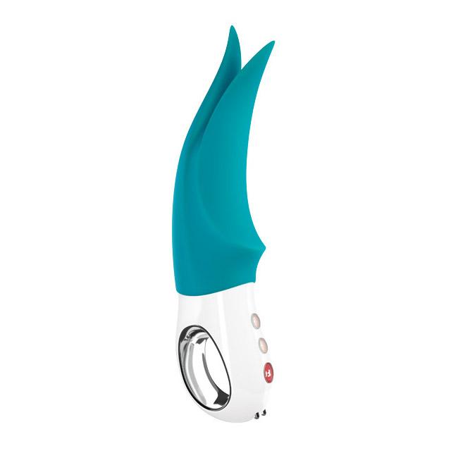 Teal and white clitoral vibrator with tapping tips.