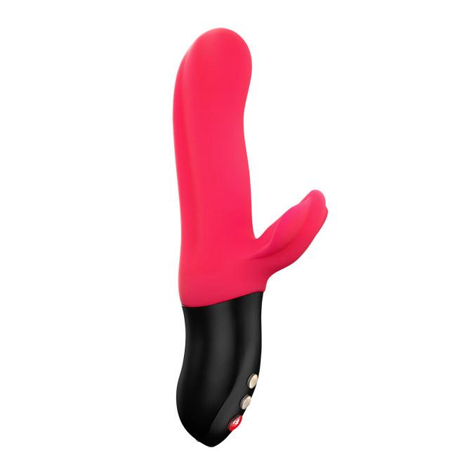 A pink and black rabbit vibrator with buttons on the base.