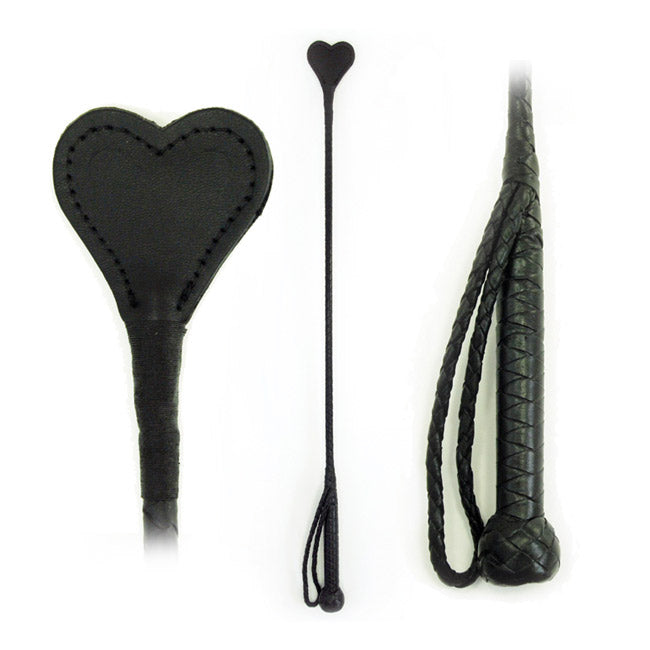 Black leather riding crop with a heart-shaped paddle and a braided handle.