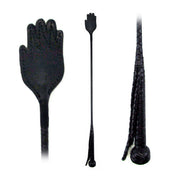 Black leather hand slap riding crop with a braided handle.