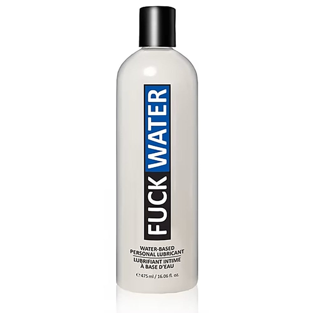 A white bottle of FuckWater water-based personal lubricant with a black cap.