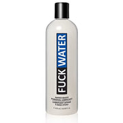 A white bottle of FuckWater water-based personal lubricant with a black cap.
