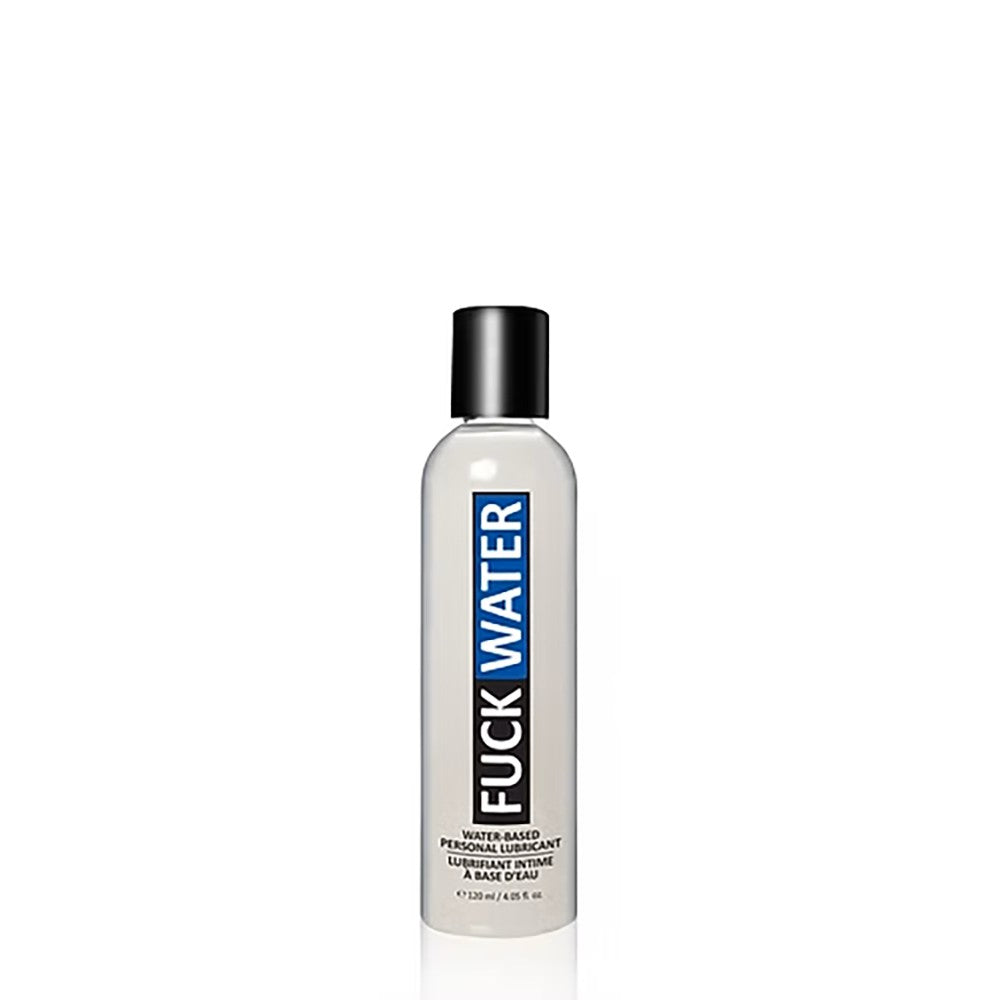 A bottle of FuckWater water-based personal lubricant with a black cap.
