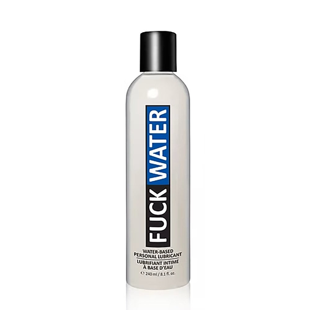 A bottle of FuckWater water-based personal lubricant with a black cap.