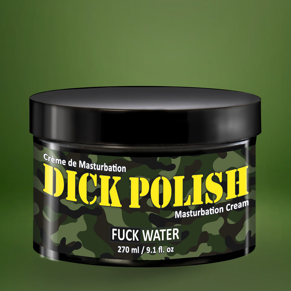 A jar of "Dick Polish" masturbation cream with a camouflage label.