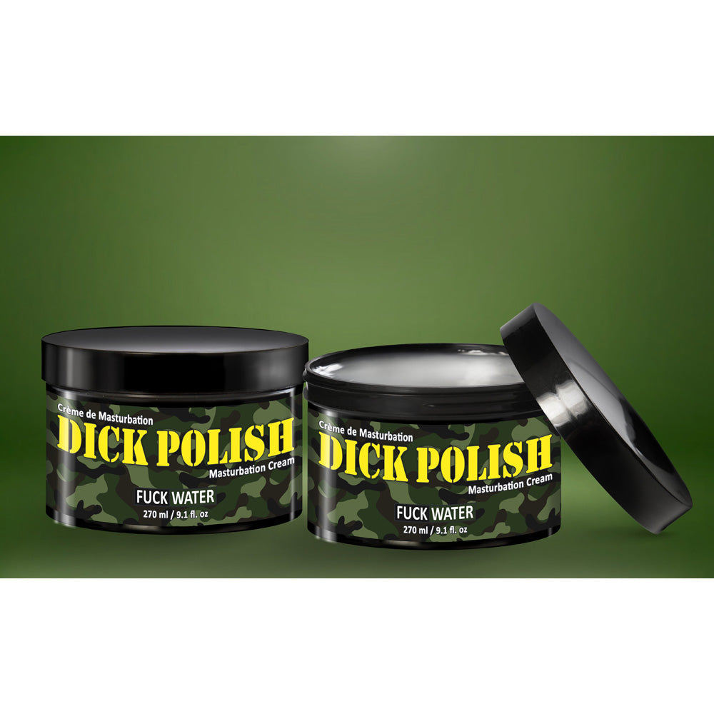 Two jars of "Dick Polish" masturbation cream with a camouflage design and black lids.