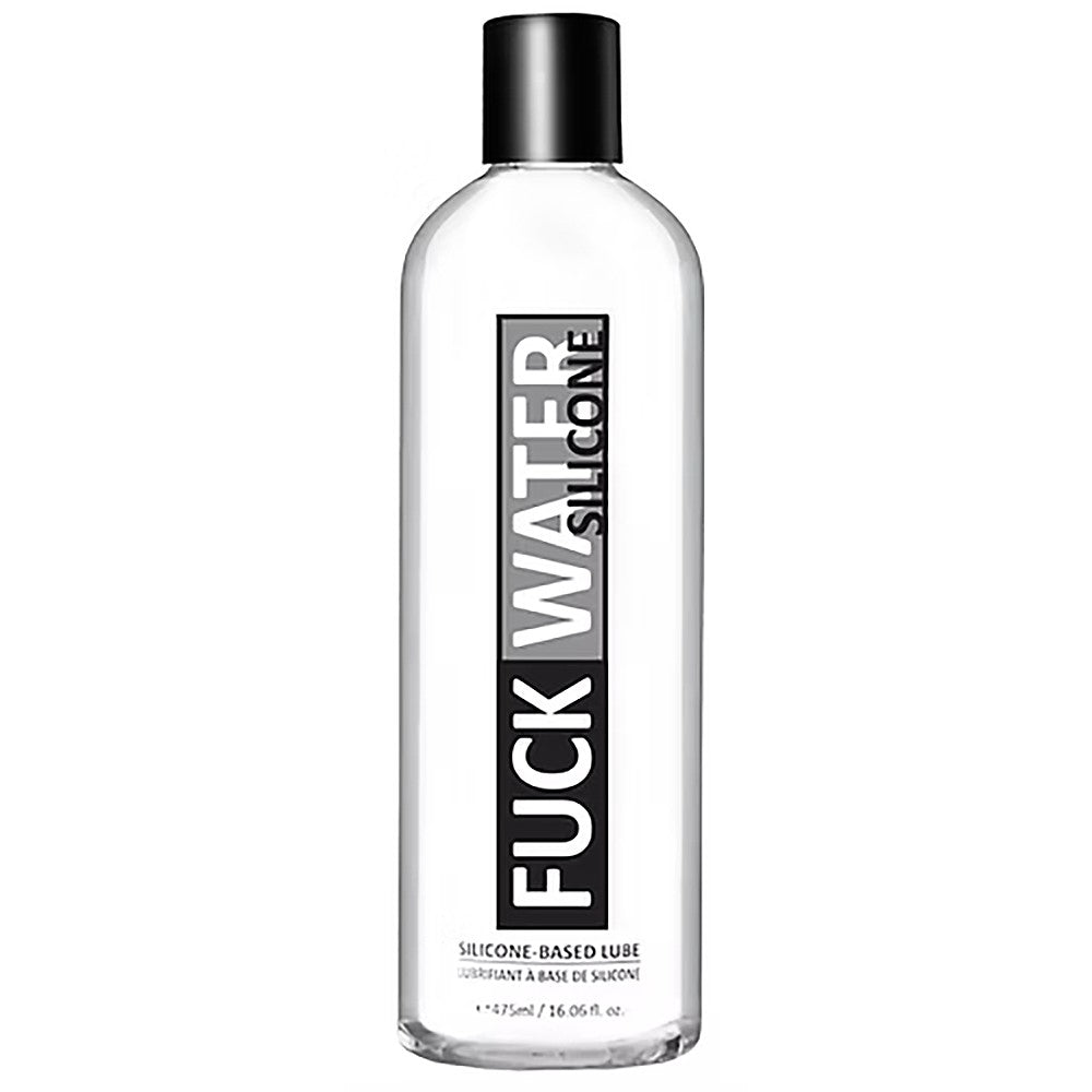 Clear bottle of FuckWater silicone lubricant with black cap.