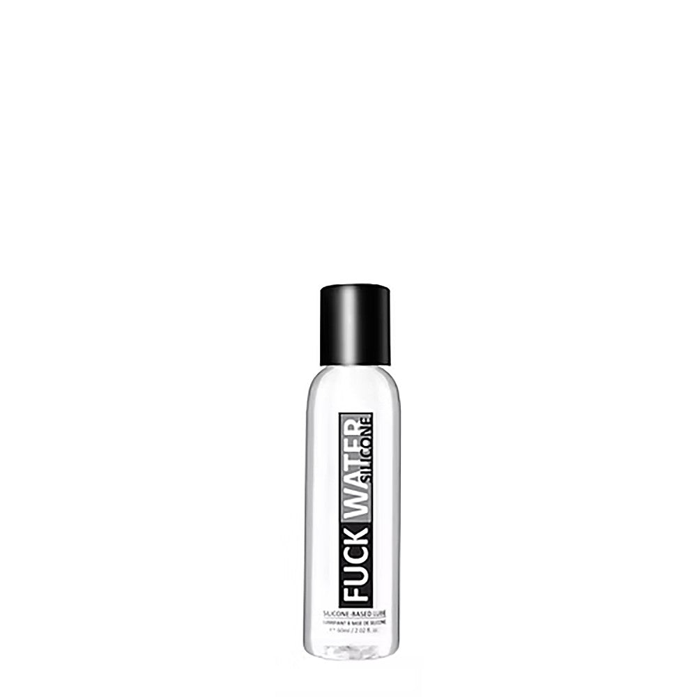 A clear bottle of FuckWater silicone lubricant with a black cap.