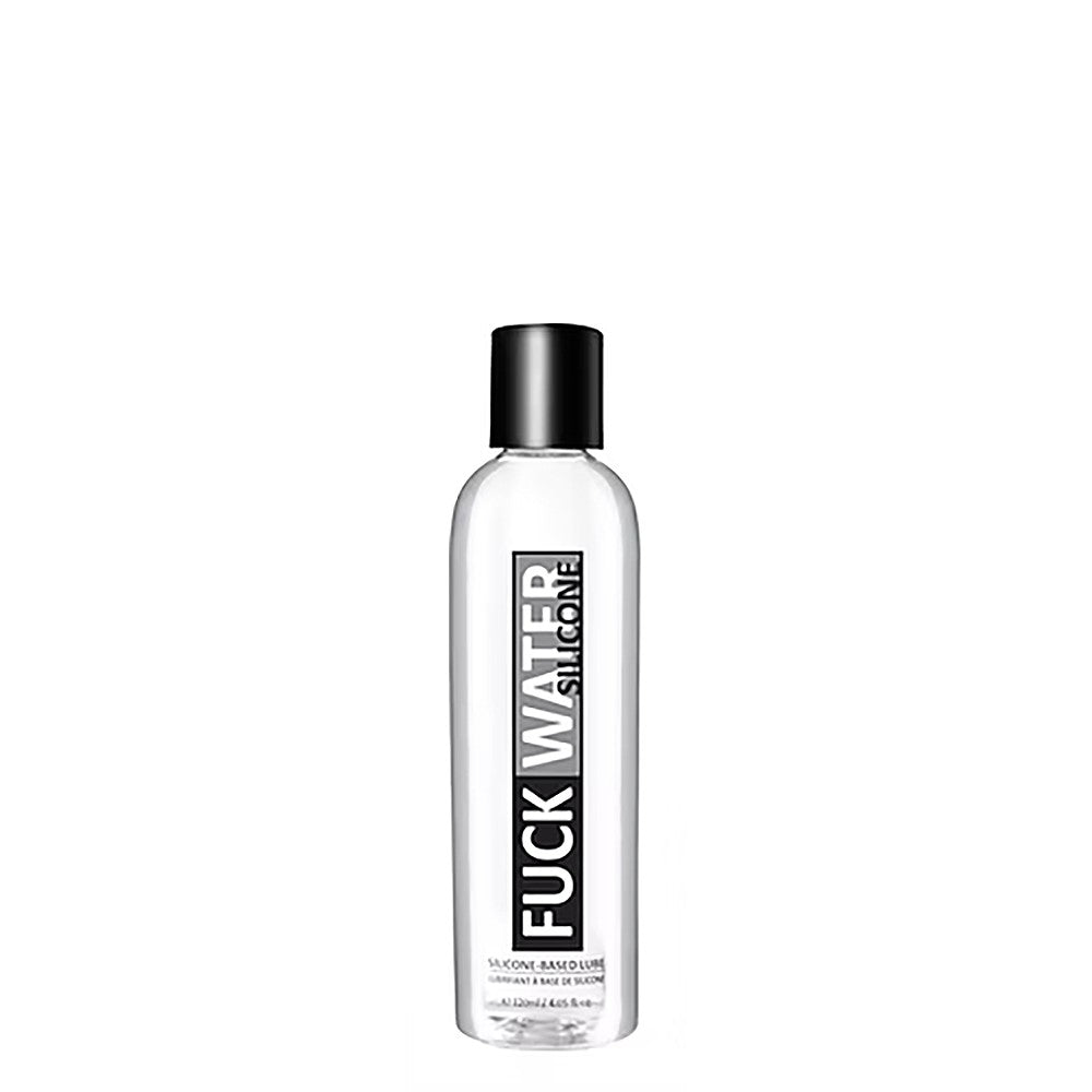 A clear bottle of FuckWater silicone lubricant with a black cap.