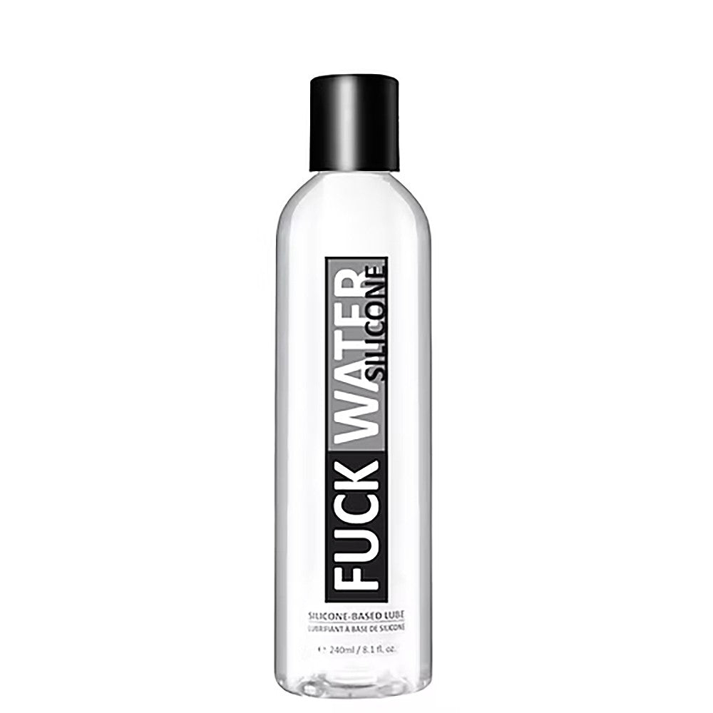 A clear bottle of Fuck Water silicone lubricant with a black cap.
