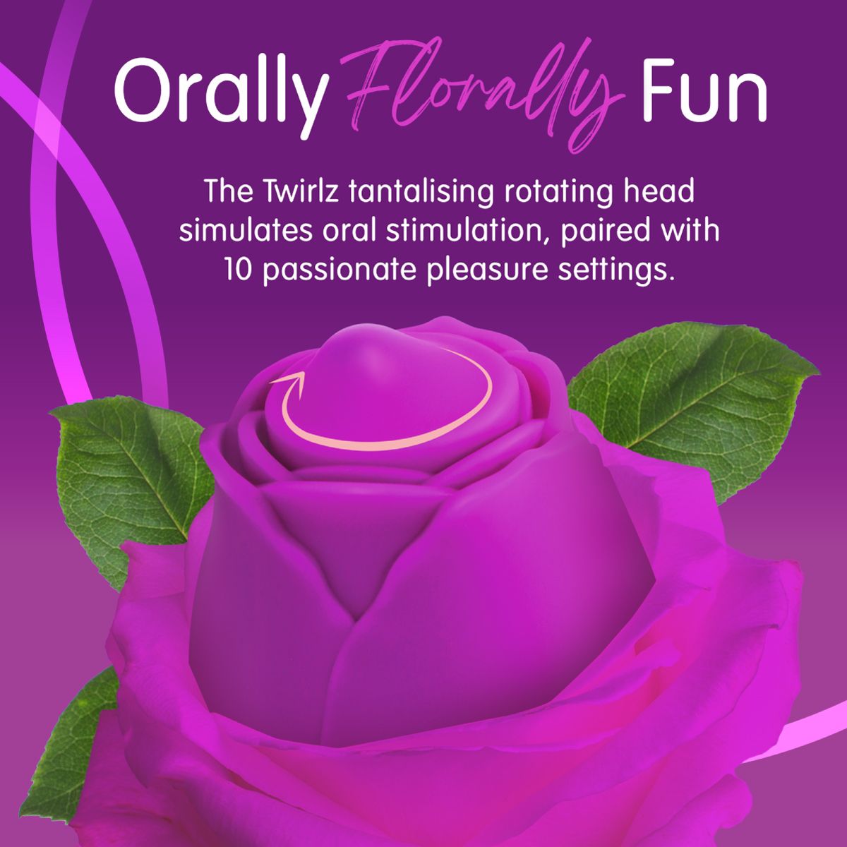 Rose Twirlz silicone oral stimulator with rotating head and leaves.