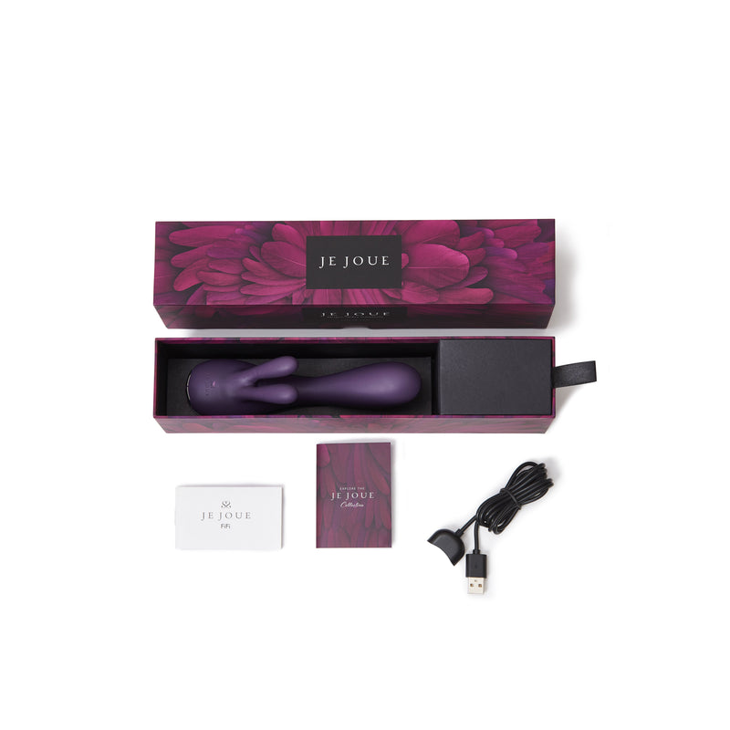 A purple rabbit vibrator with its box, charging cable, and instruction booklets.