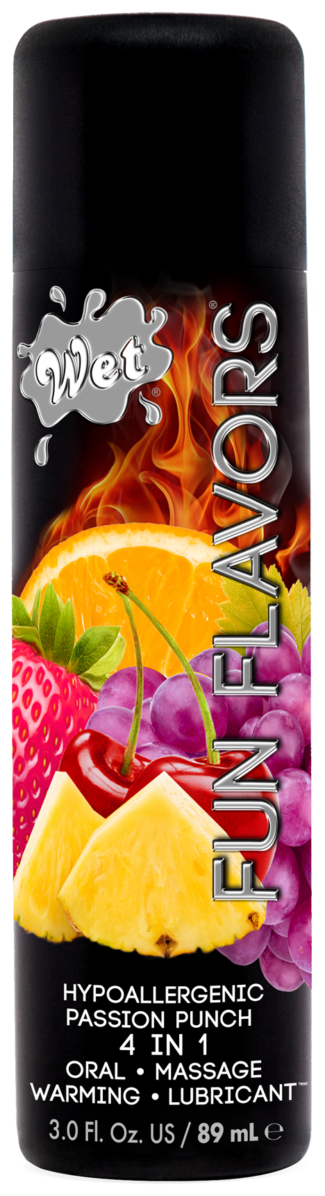 Wet Passion Punch flavored warming lubricant with fruit imagery.