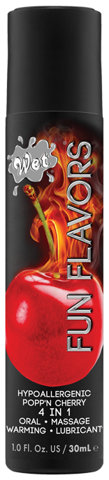 Wet Fun Flavors Popp'n Cherry 4-in-1 warming lubricant with cherry imagery.