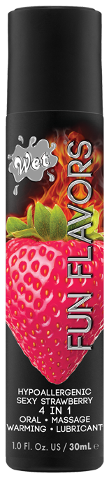 Wet Fun Flavors strawberry lubricant with a strawberry image.