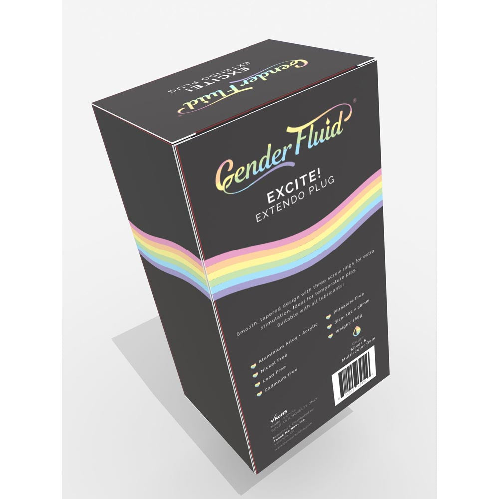 Excite! Extendo Aluminum Alloy Anal Plug with rainbow stripe design.