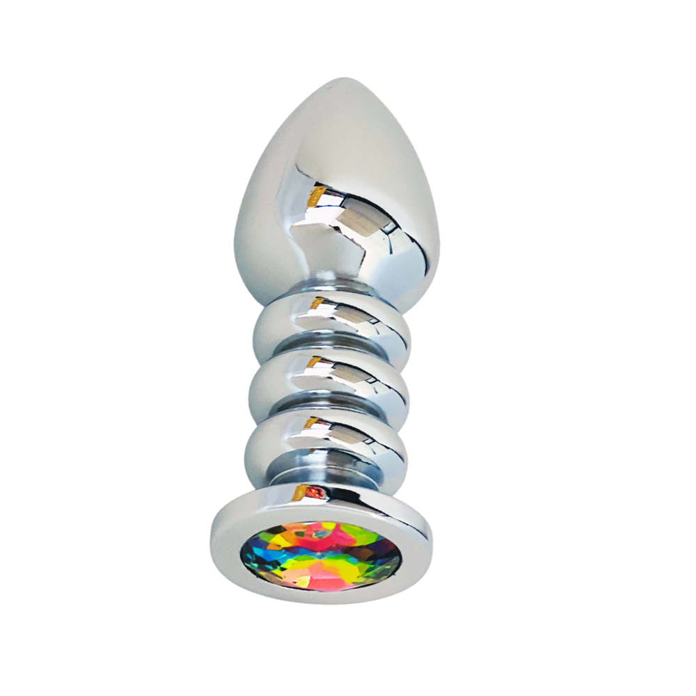 Aluminum alloy anal plug with a jeweled base.