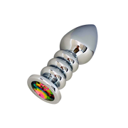 Silver anal plug with a flared base featuring a colorful gem.