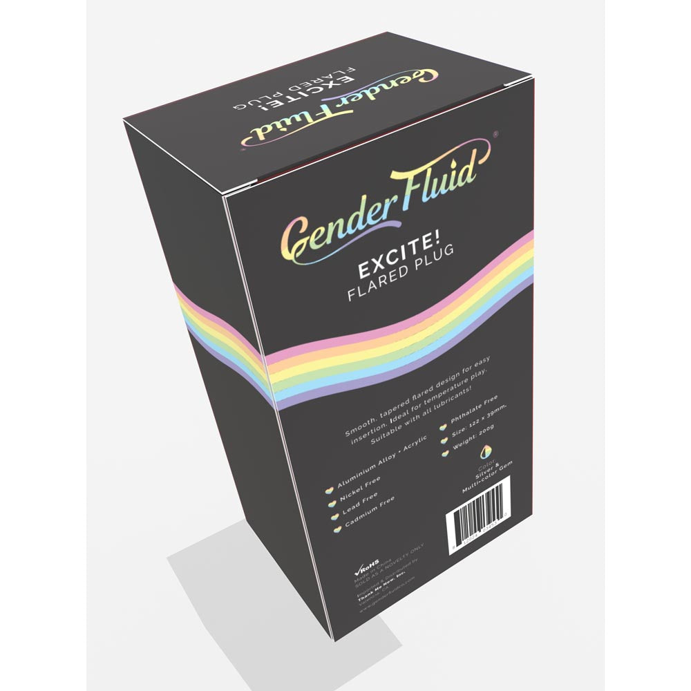 Excite! Flared Plug in aluminum alloy with a rainbow stripe design.