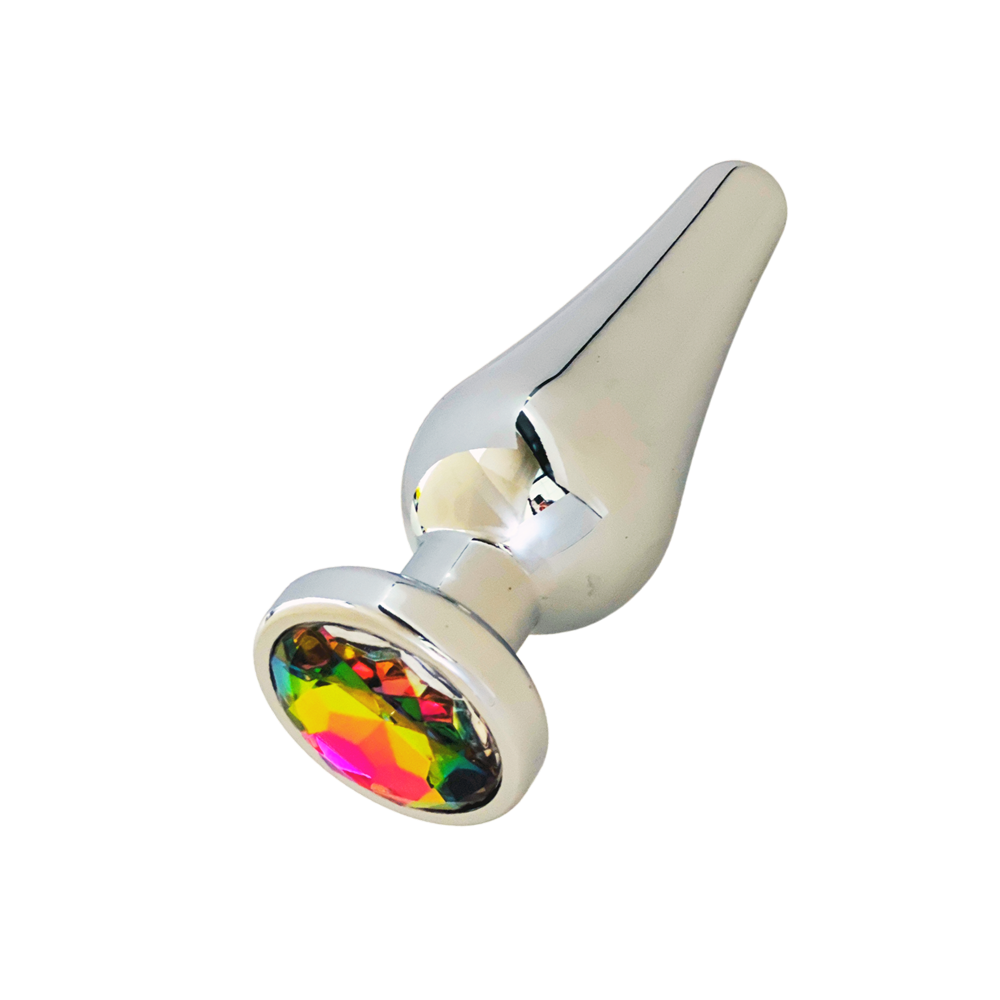 Silver flared anal plug with a colorful gem accent.