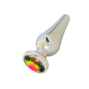 Silver flared anal plug with a colorful gem accent.