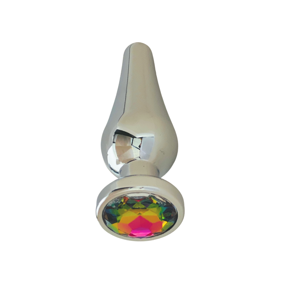 Silver flared anal plug with a rainbow gem accent.